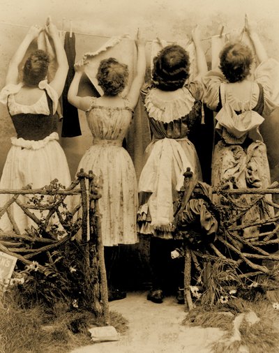 Publicité pour le savon Borax de Kirkman, montrant la vue arrière de quatre femmes suspendant du linge sur une corde à linge, c.1891 - Benjamin J. Falk